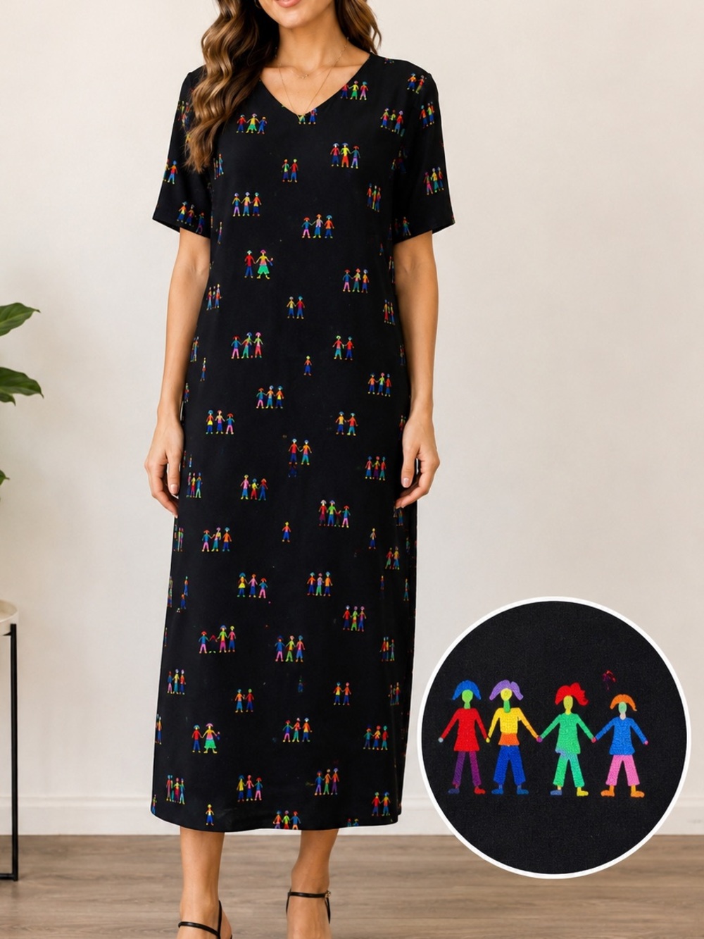 Vintage David Dart Novelty Colorful People Print Rayon Midi Dress USA Size M